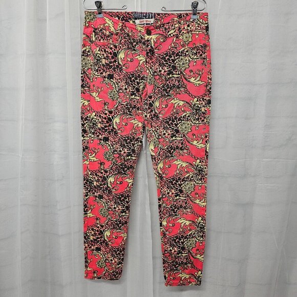 Hot Kiss Skinny Lily Pink Yellow Baroque Leopard Chain Print Jeans Retro Y2K 9 - Picture 16 of 16